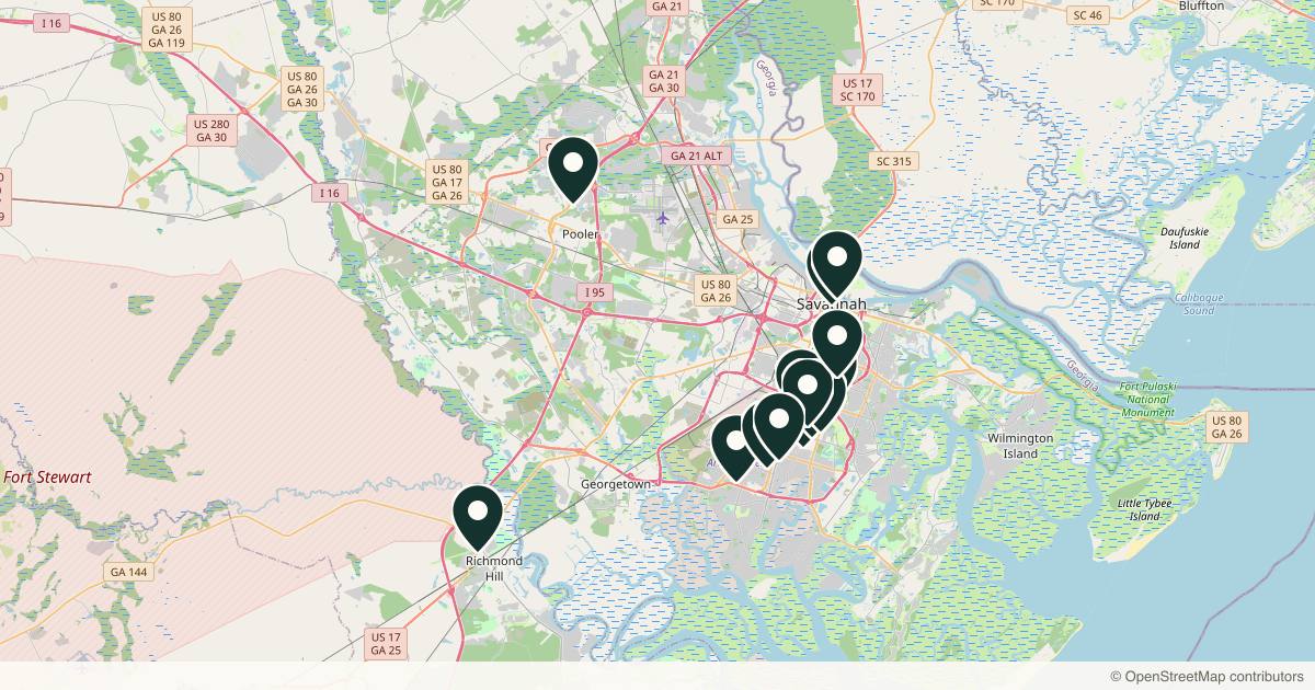 Map of 14 med spas and aesthetic clinics in Savannah, Georgia