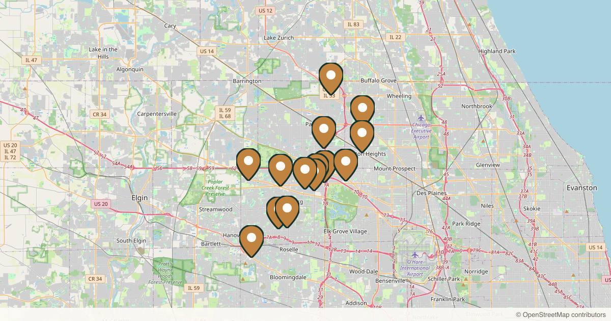 Map of 14 med spas and aesthetic clinics in Schaumburg, Illinois