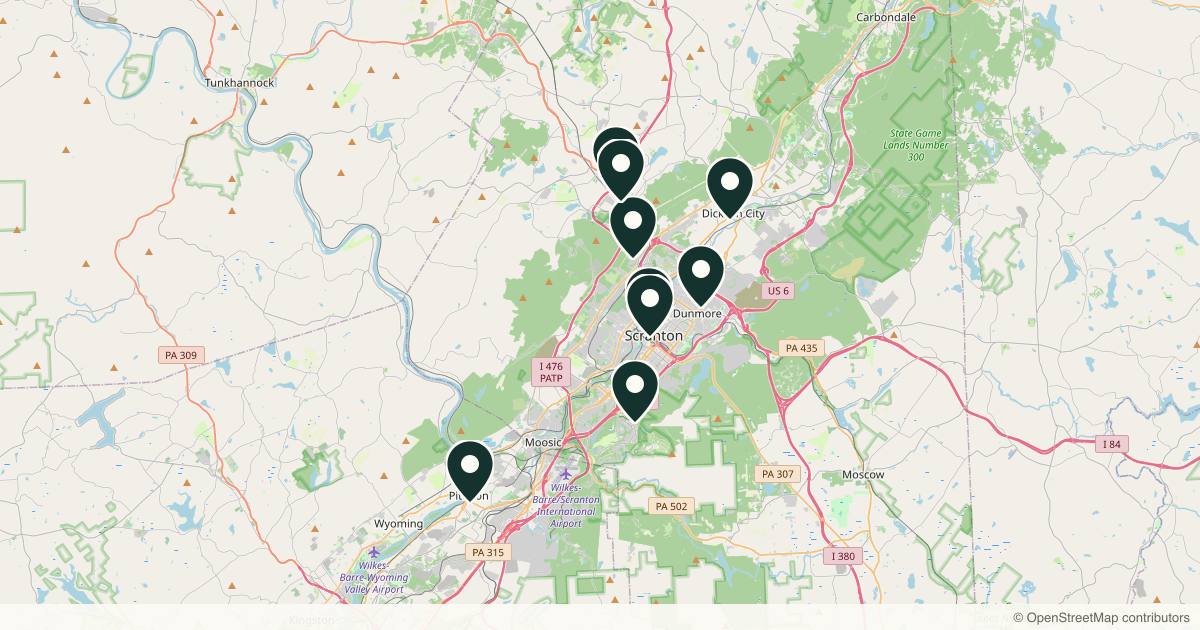 Map of 9 med spas and aesthetic clinics in Scranton, Pennsylvania