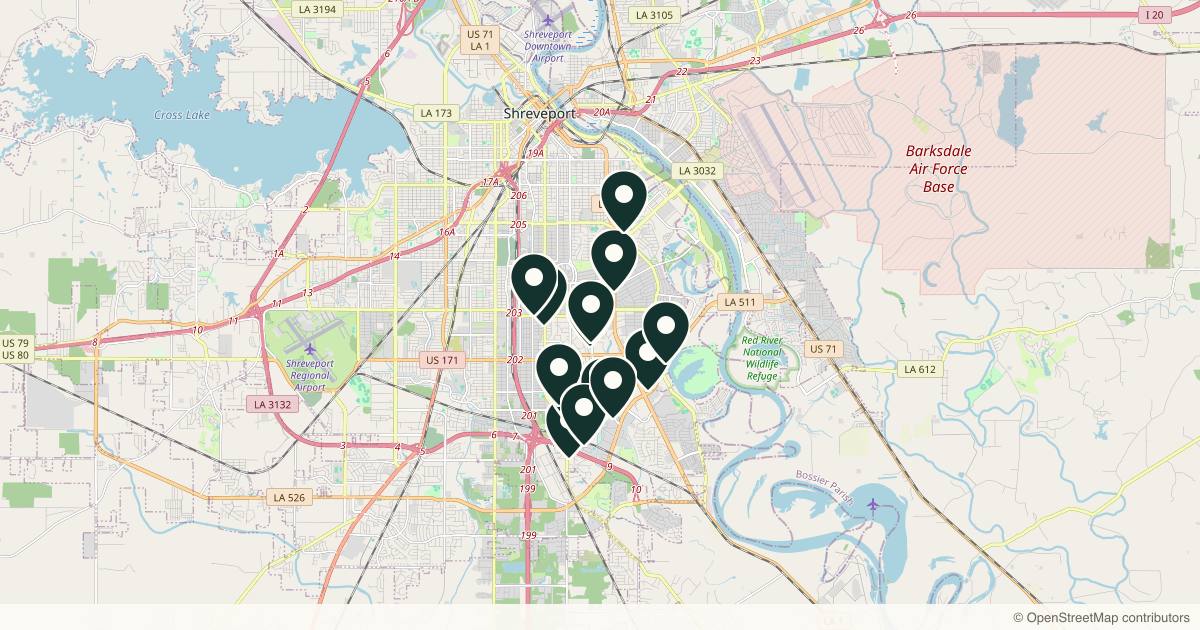 Map of 14 med spas and aesthetic clinics in Shreveport, Louisiana