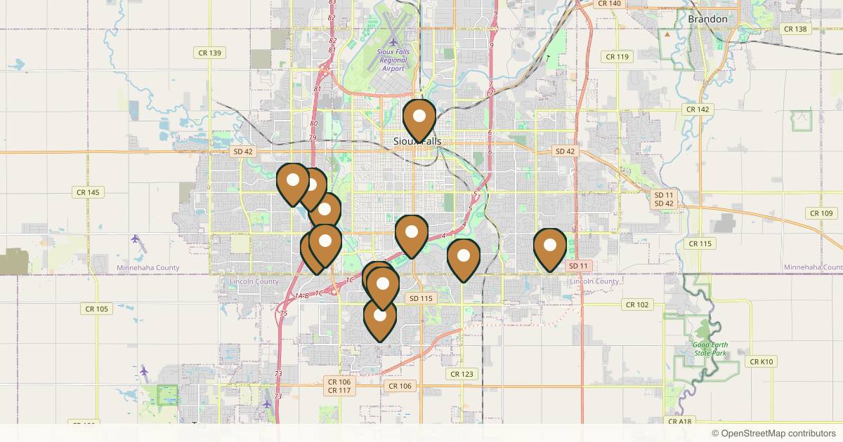Map of 14 med spas and aesthetic clinics in Sioux Falls, South Dakota