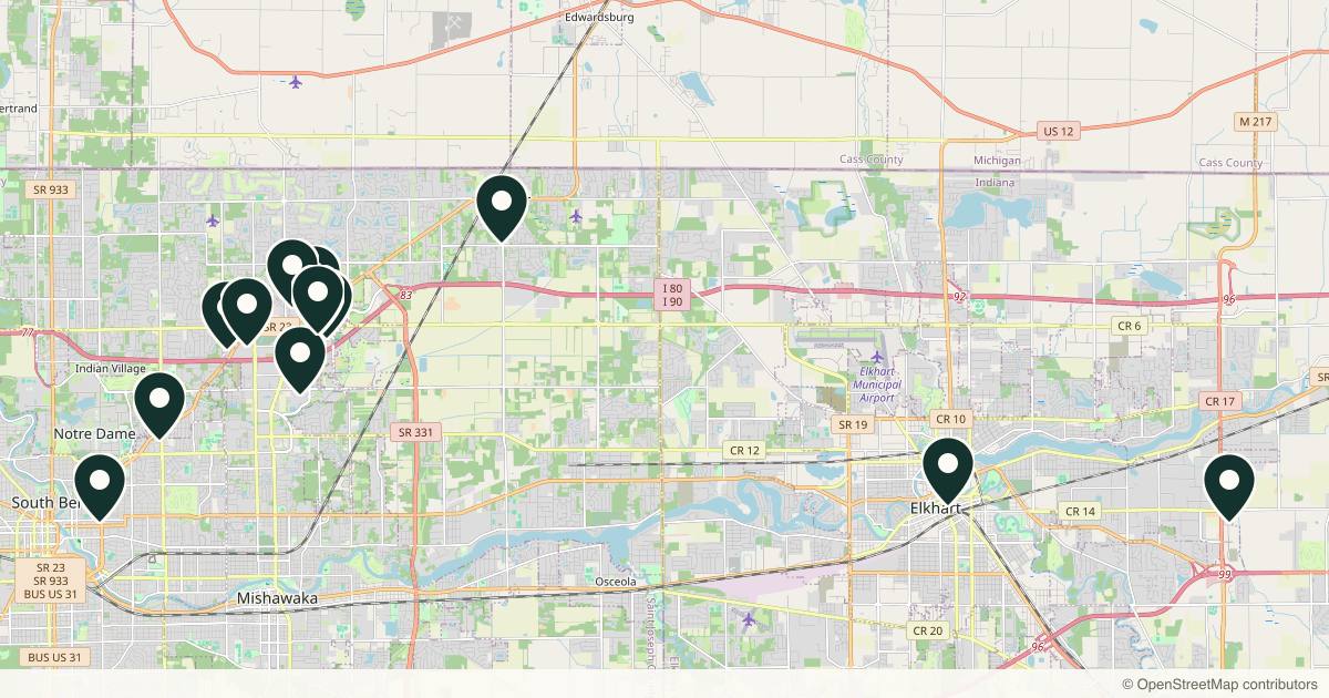 Map of 13 med spas and aesthetic clinics in South Bend, Indiana