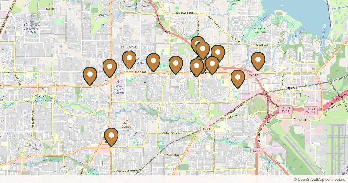 Map of 14 med spas and aesthetic clinics in Southlake, Texas