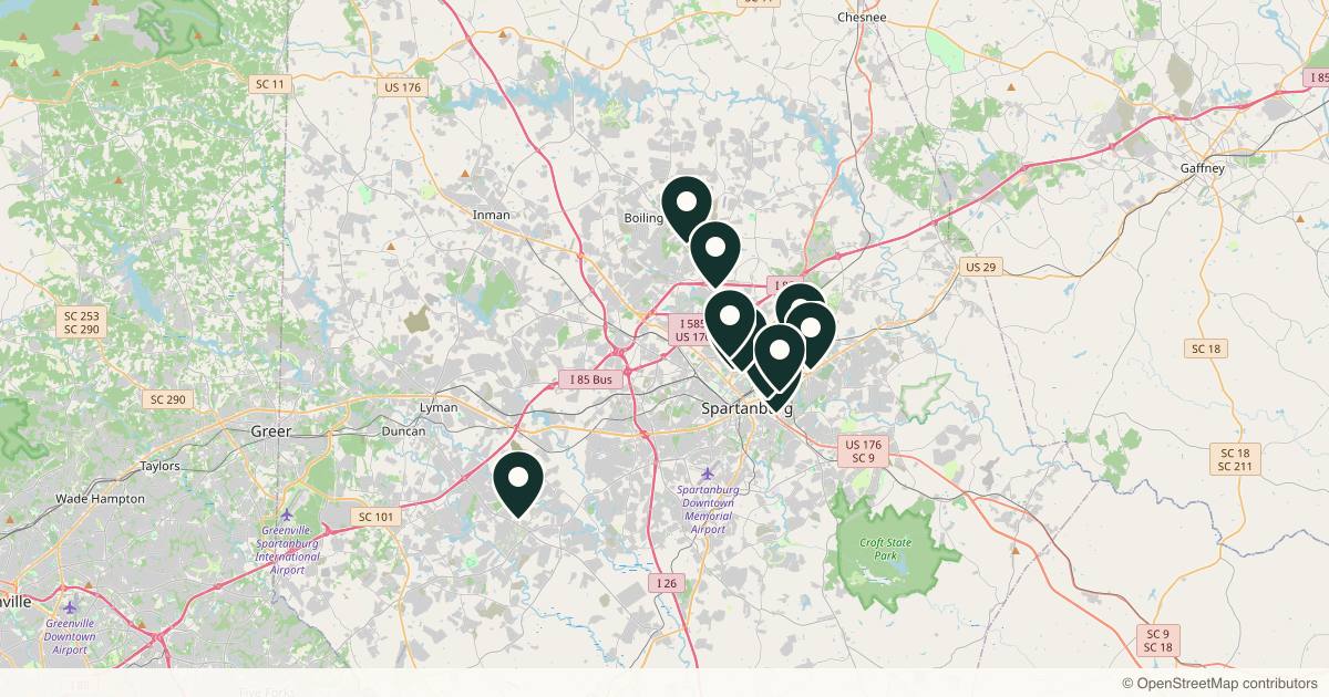 Map of 14 med spas and aesthetic clinics in Spartanburg, South Carolina