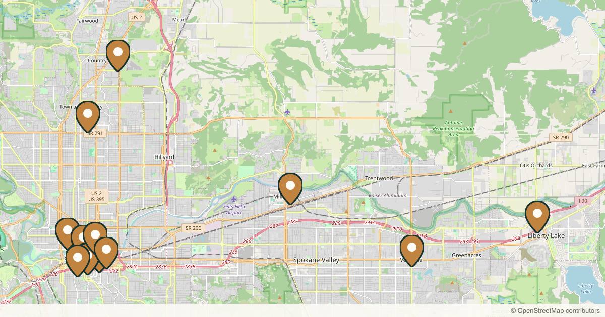Map of 14 med spas and aesthetic clinics in Spokane, Washington