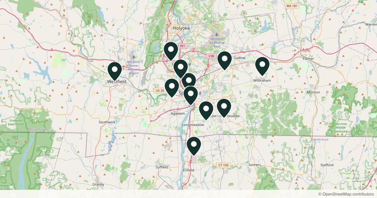 Map of 12 med spas and aesthetic clinics in Springfield, Massachusetts