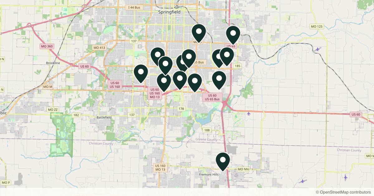 Map of 14 med spas and aesthetic clinics in Springfield, Missouri