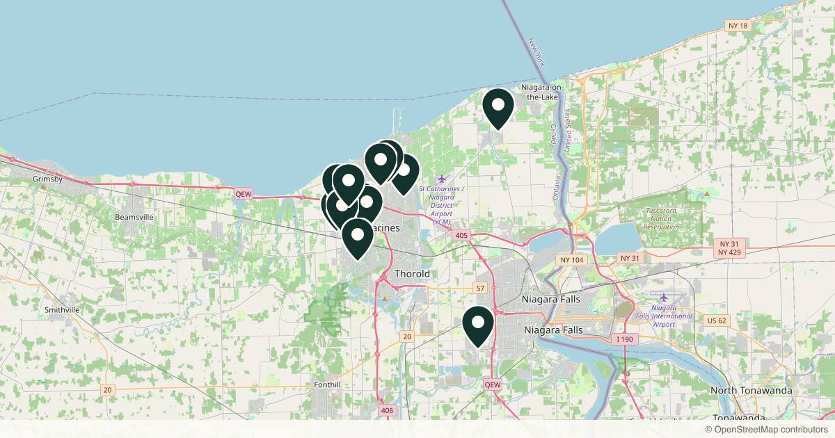 Map of 14 med spas and aesthetic clinics in St. Catharines, Ontario