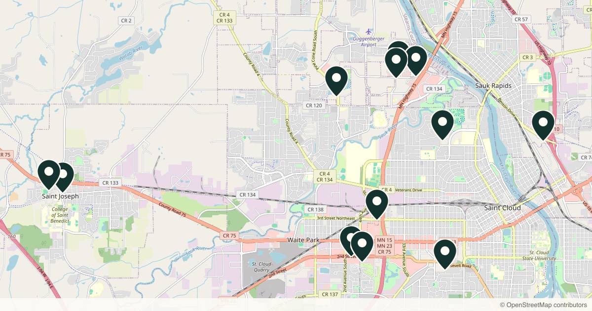 Map of 12 med spas and aesthetic clinics in St. Cloud, Minnesota