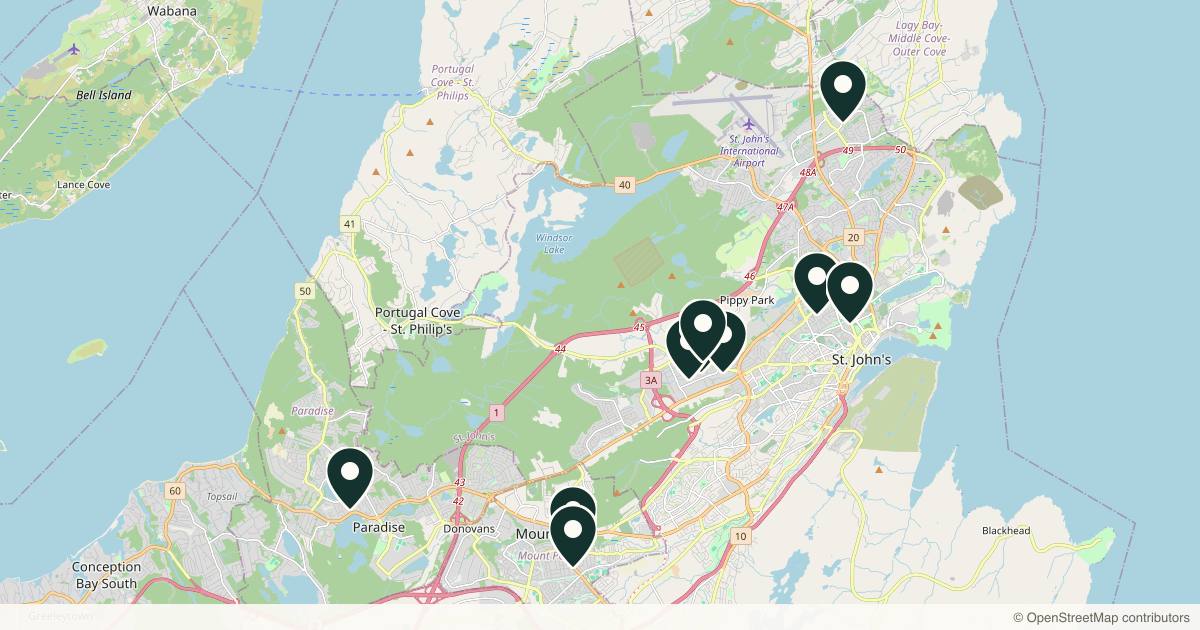 Map of 10 med spas and aesthetic clinics in St. John's, Newfoundland and Labrador