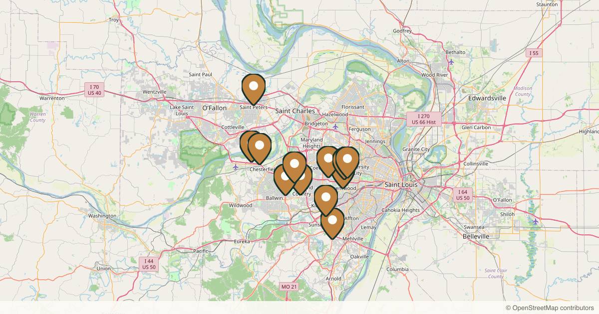 Map of 14 med spas and aesthetic clinics in St. Louis, Missouri