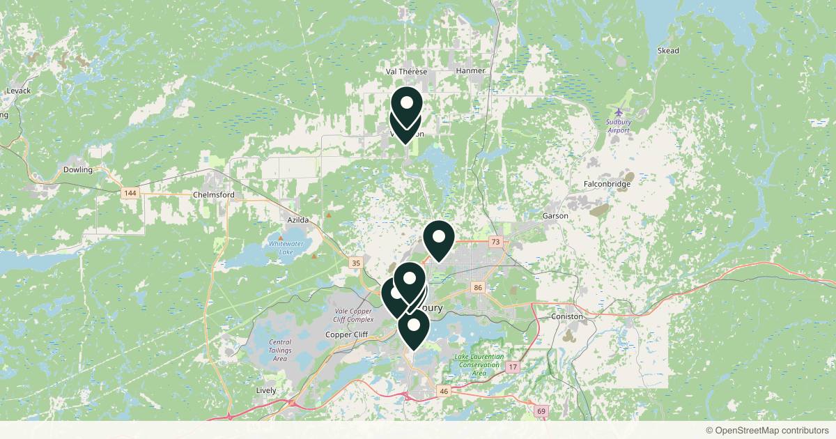 Map of 9 med spas and aesthetic clinics in Sudbury, Ontario