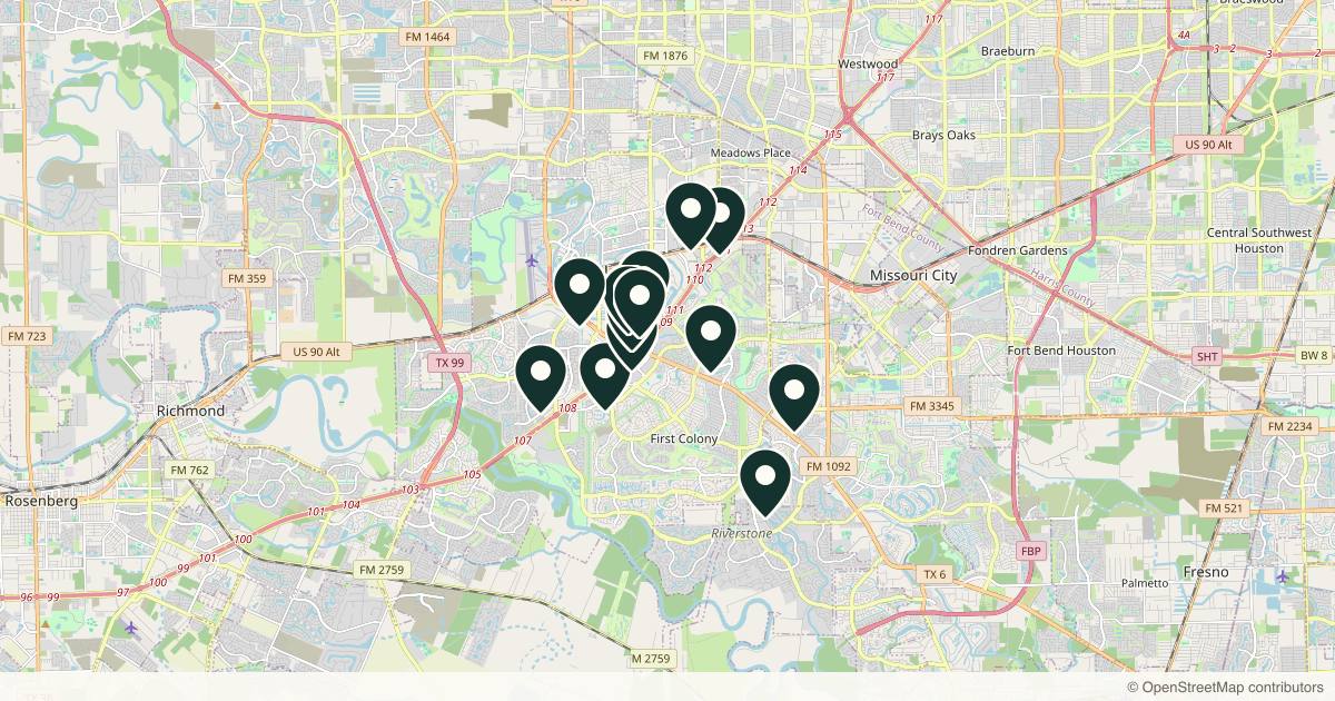 Map of 14 med spas and aesthetic clinics in Sugar Land, Texas