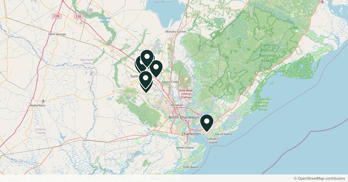 Map of 10 med spas and aesthetic clinics in Summerville, South Carolina
