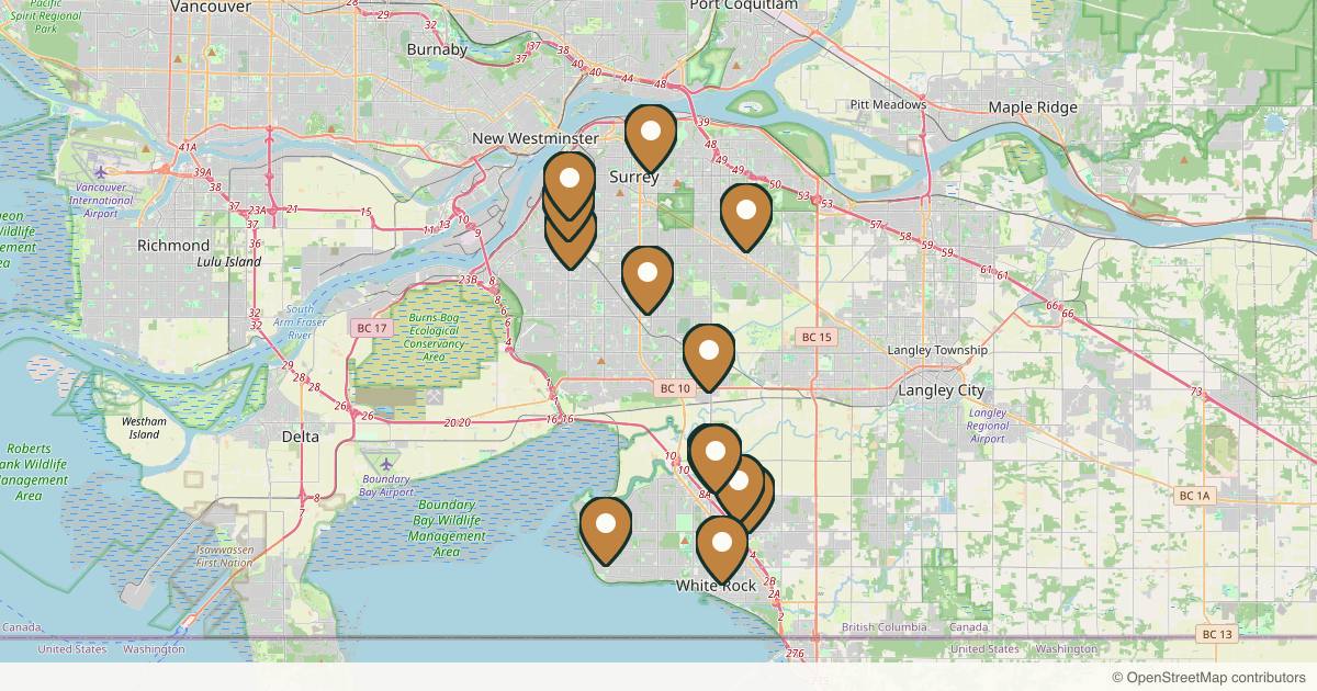 Map of 14 med spas and aesthetic clinics in Surrey, British Columbia