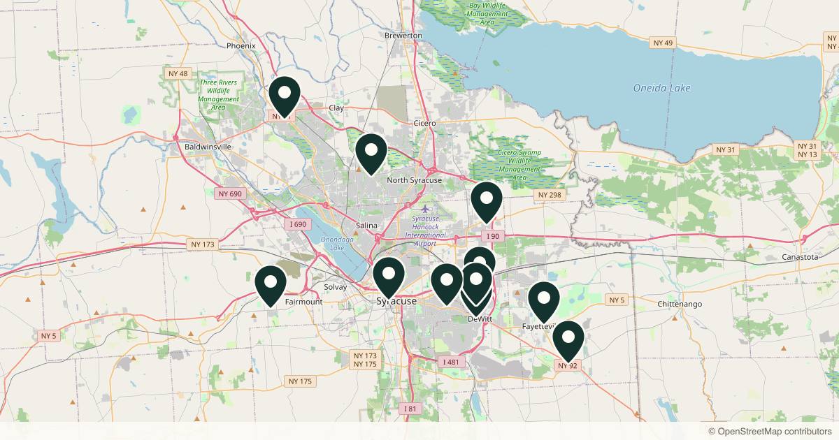 Map of 14 med spas and aesthetic clinics in Syracuse, New York