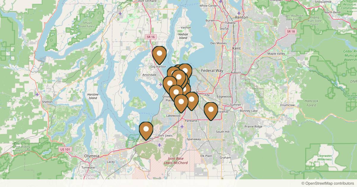 Map of 14 med spas and aesthetic clinics in Tacoma, Washington