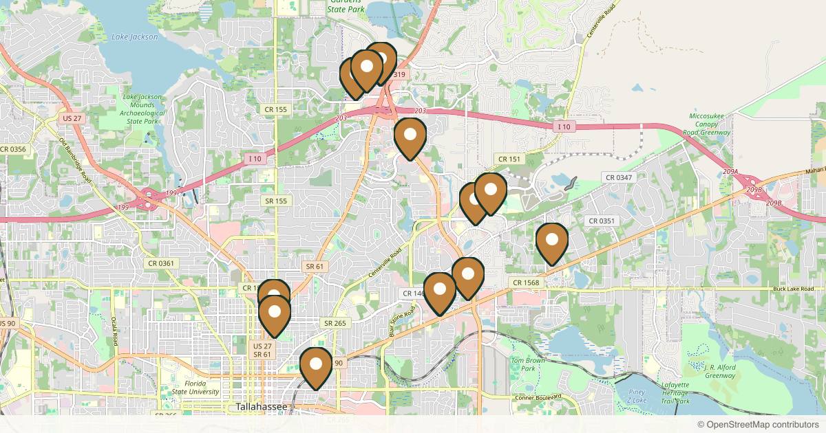 Map of 14 med spas and aesthetic clinics in Tallahassee, Florida