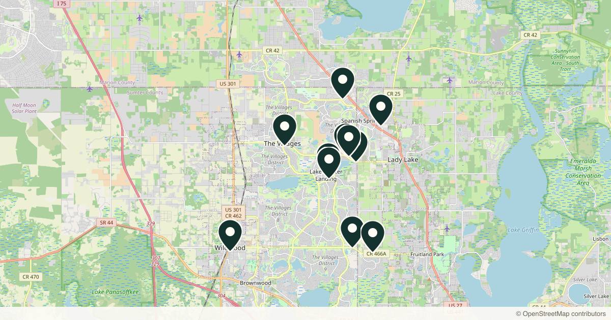 Map of 11 med spas and aesthetic clinics in The Villages, Florida
