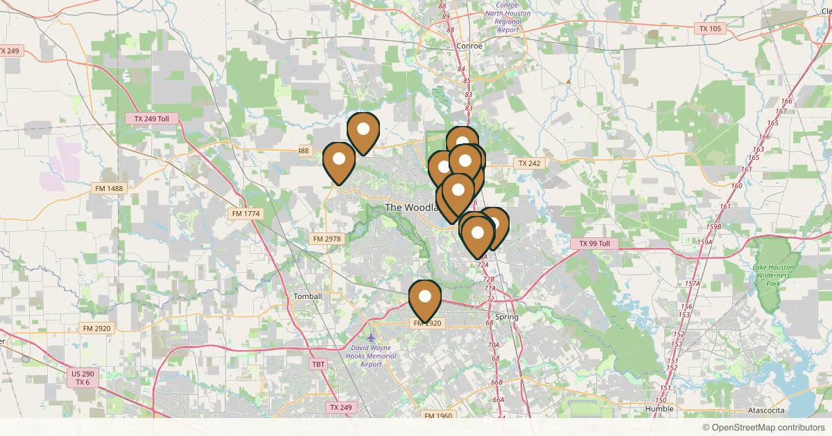 Map of 14 med spas and aesthetic clinics in The Woodlands, Texas
