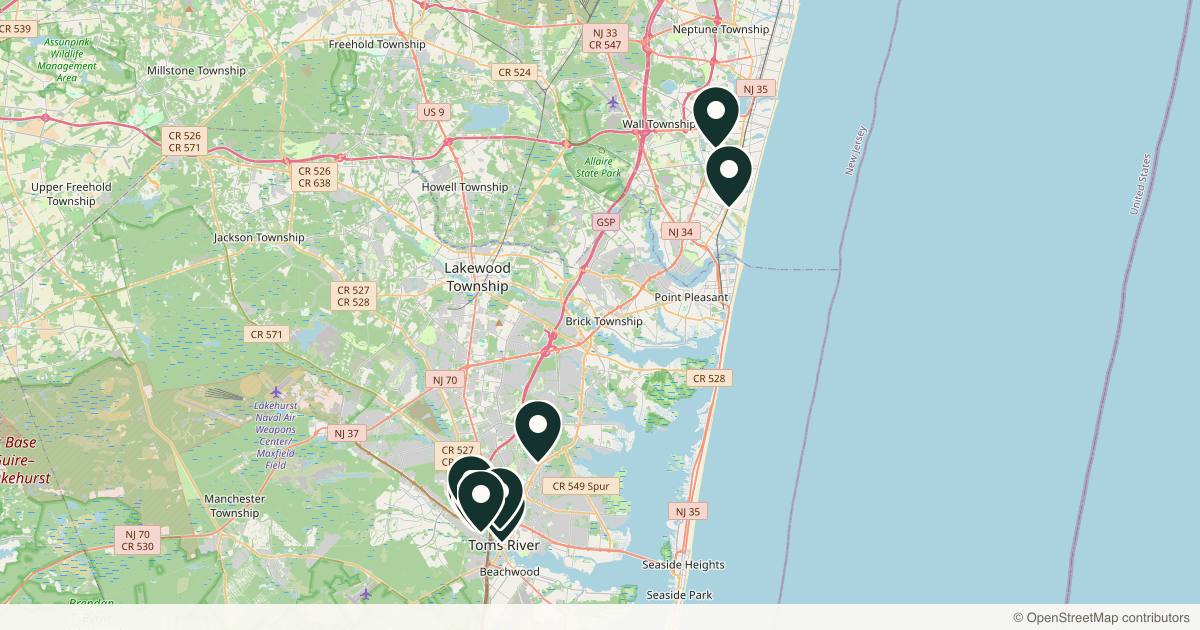Map of 10 med spas and aesthetic clinics in Toms River, New Jersey
