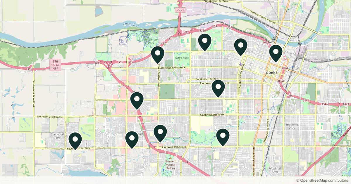 Map of 11 med spas and aesthetic clinics in Topeka, Kansas