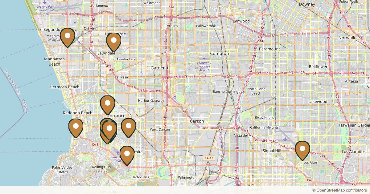 Map of 14 med spas and aesthetic clinics in Torrance, California