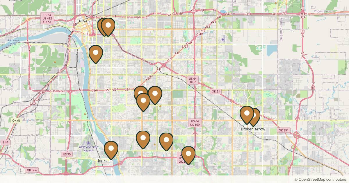 Map of 14 med spas and aesthetic clinics in Tulsa, Oklahoma