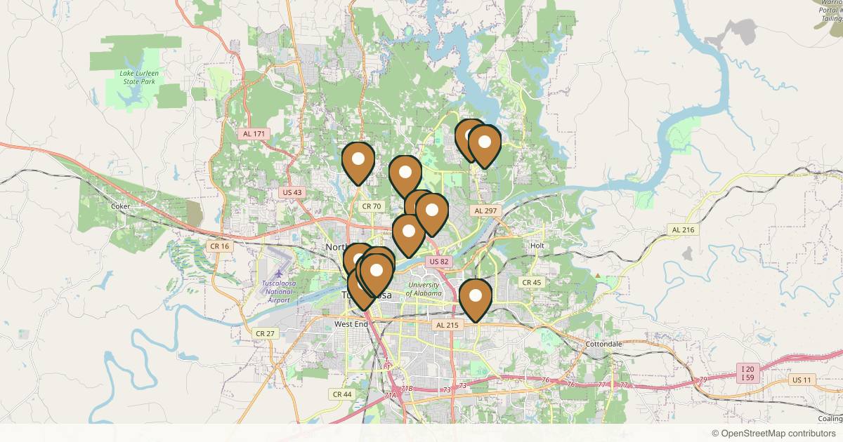 Map of 14 med spas and aesthetic clinics in Tuscaloosa, Alabama