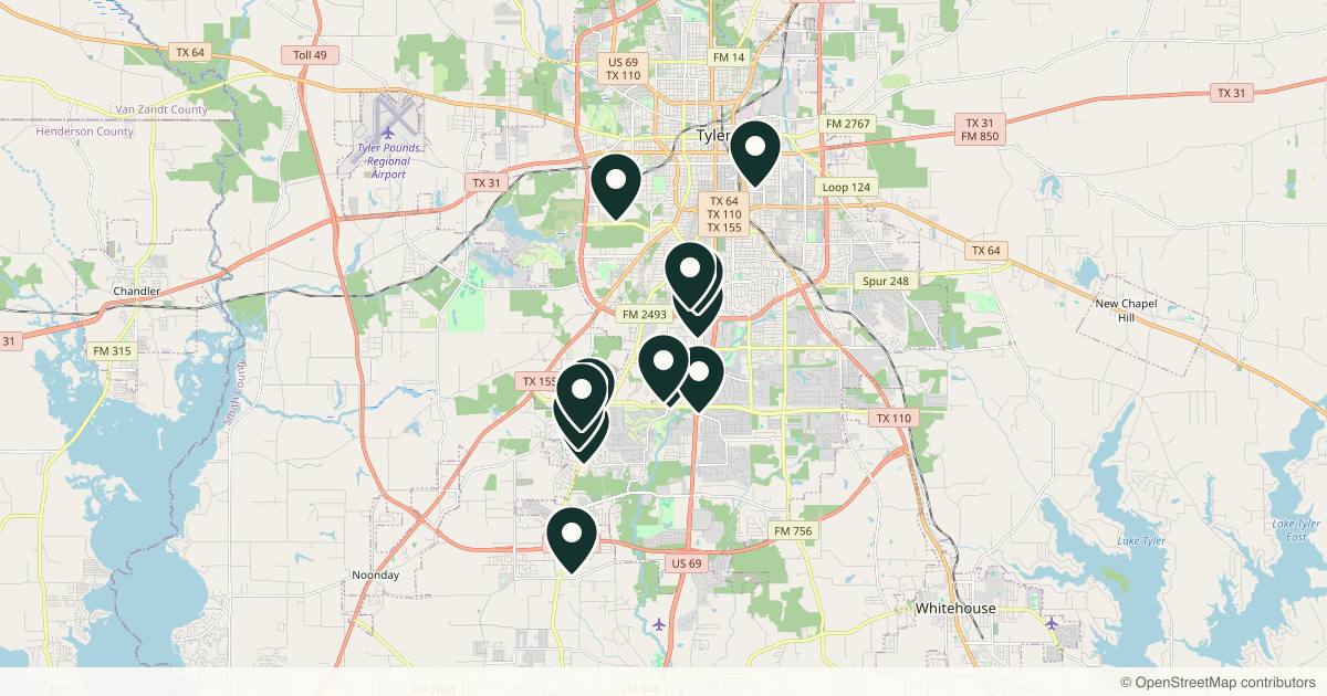 Map of 14 med spas and aesthetic clinics in Tyler, Texas