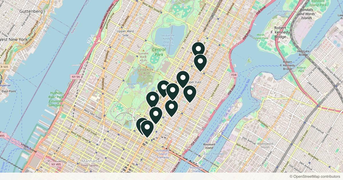 Map of 12 med spas and aesthetic clinics in Upper East Side, New York