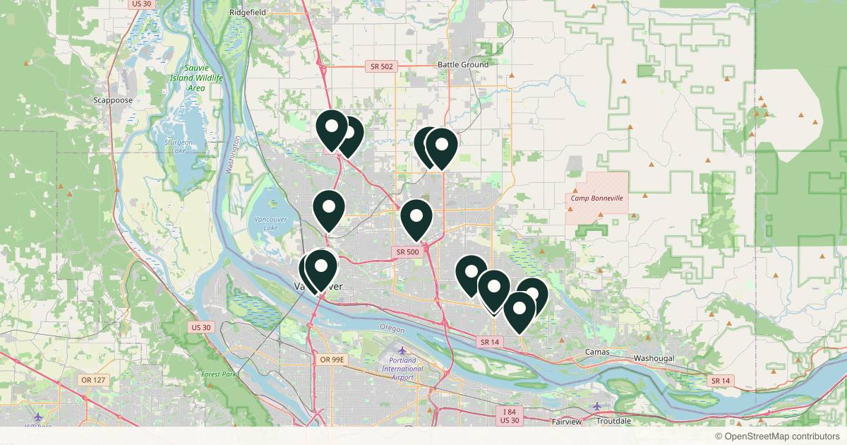 Map of 14 med spas and aesthetic clinics in Vancouver, Washington