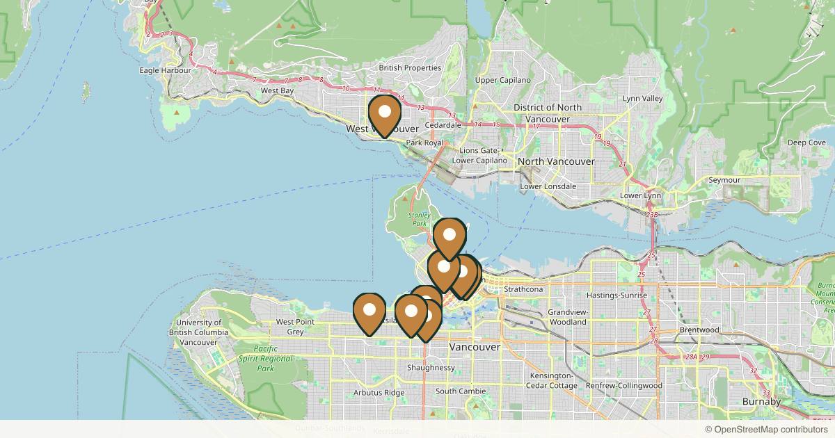 Map of 12 med spas and aesthetic clinics in Vancouver, British Columbia