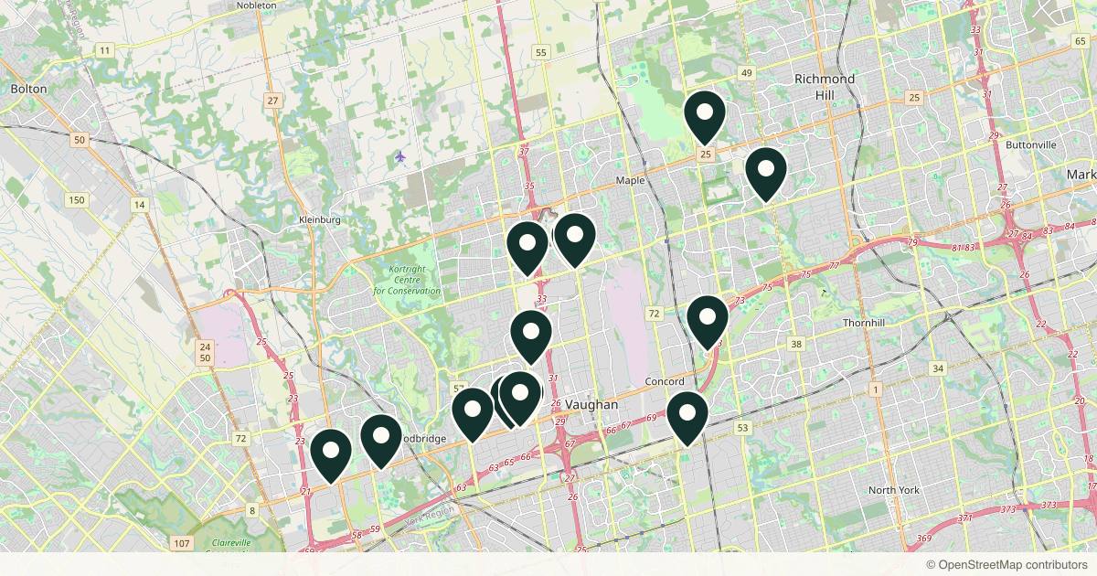 Map of 14 med spas and aesthetic clinics in Vaughan, Ontario
