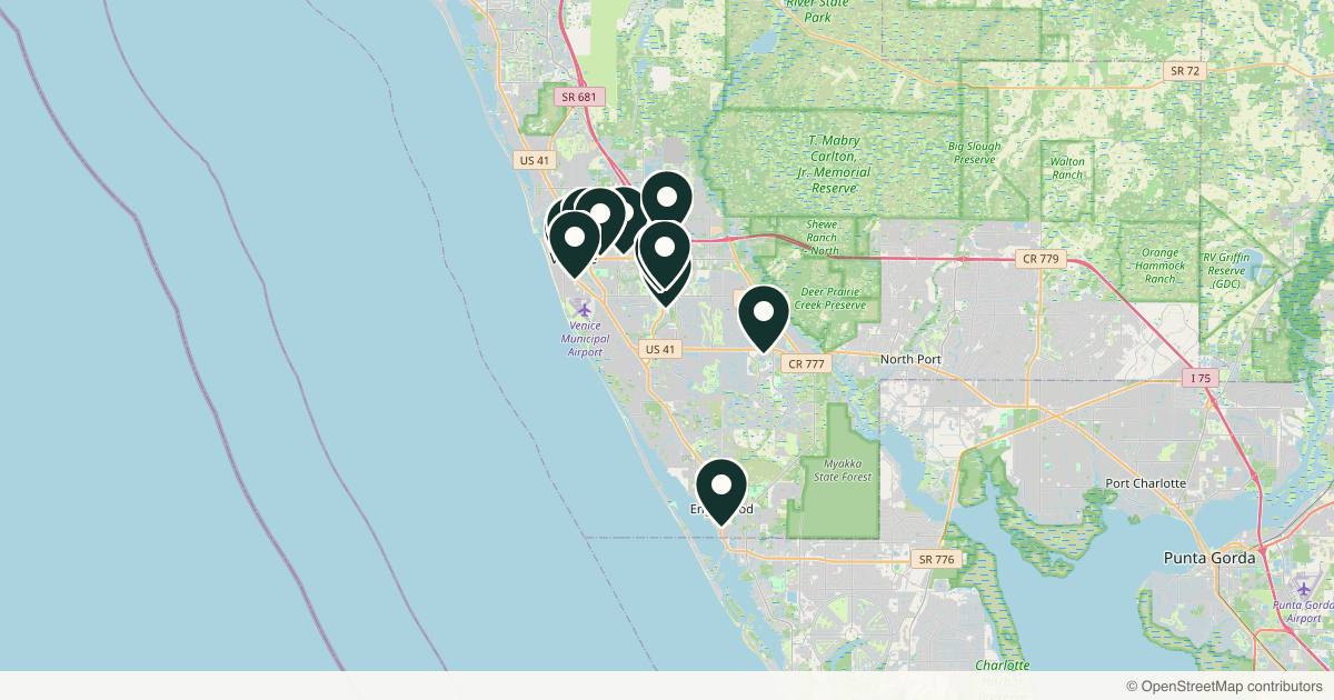 Map of 14 med spas and aesthetic clinics in Venice, Florida