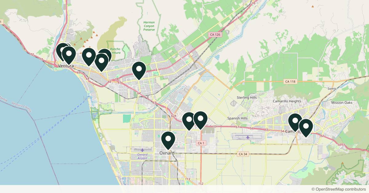 Map of 14 med spas and aesthetic clinics in Ventura, California