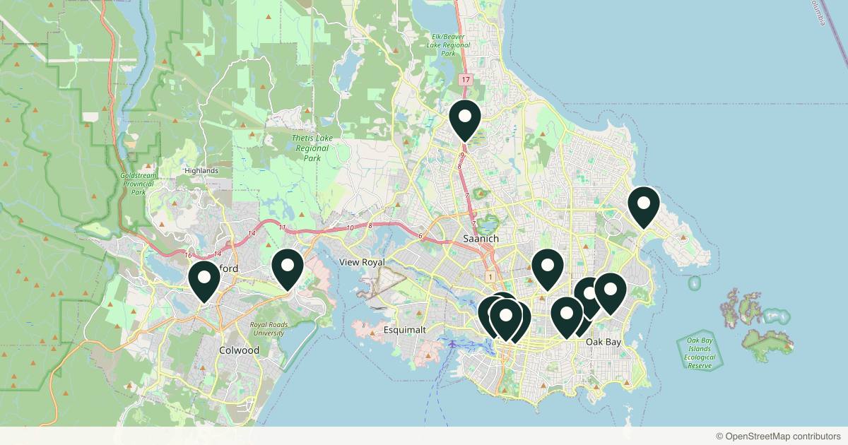 Map of 14 med spas and aesthetic clinics in Victoria, British Columbia