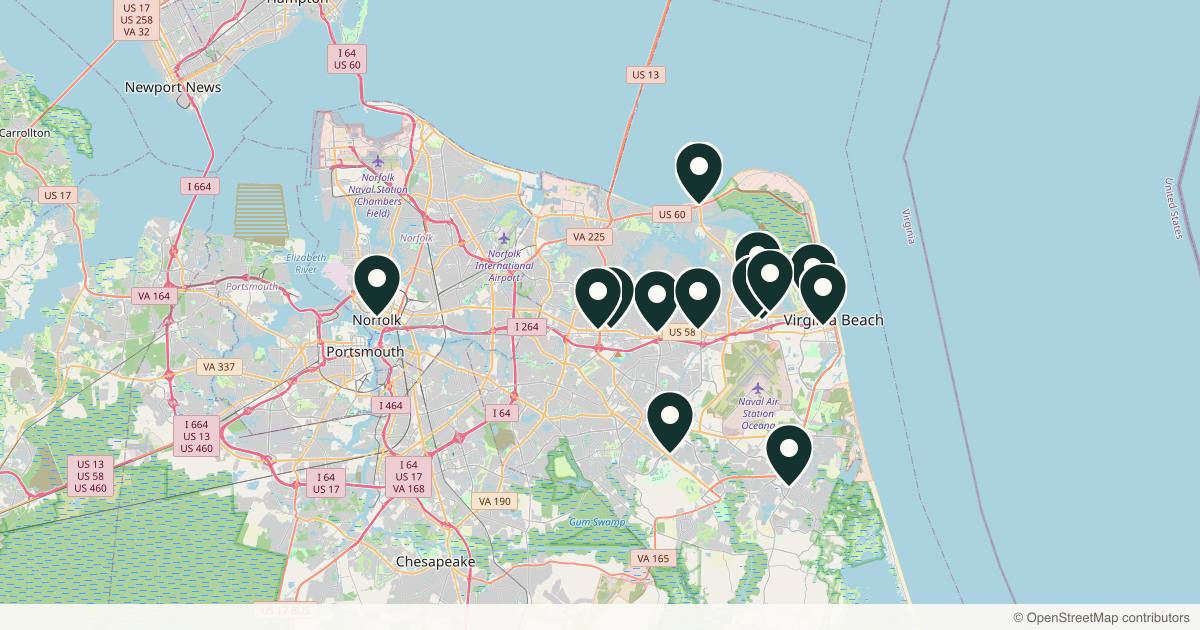 Map of med spas and aesthetic clinics in Virginia Beach, Virginia