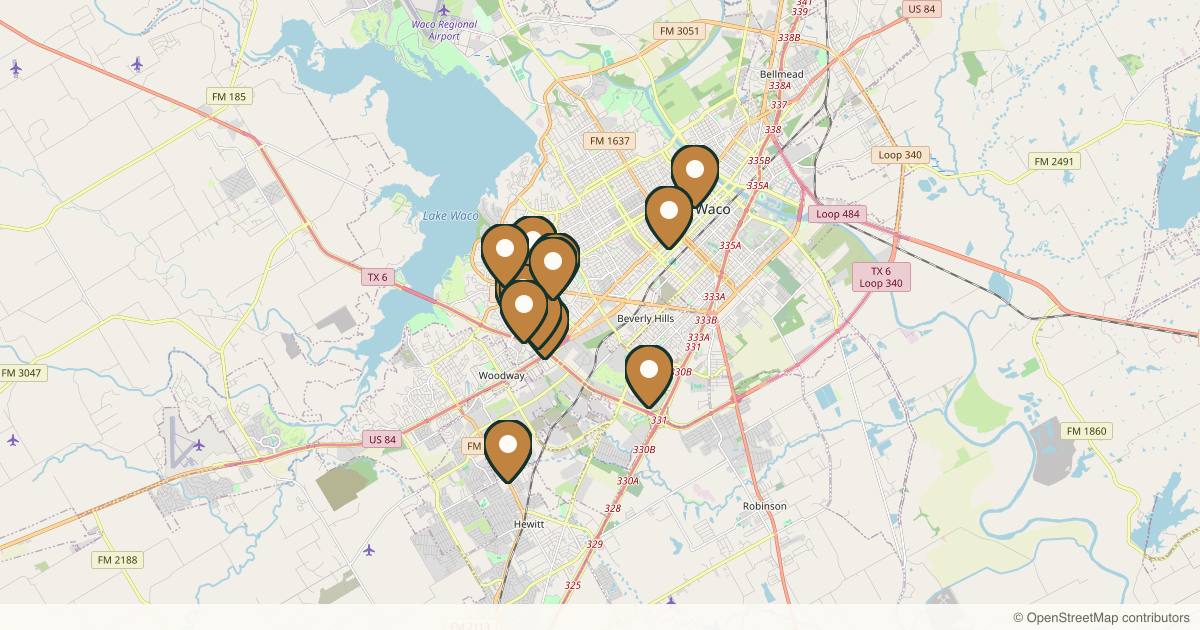Map of 14 med spas and aesthetic clinics in Waco, Texas