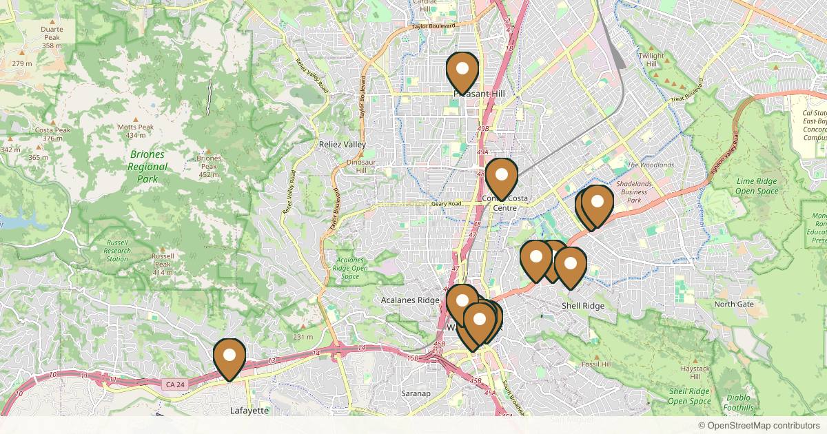 Map of 14 med spas and aesthetic clinics in Walnut Creek, California