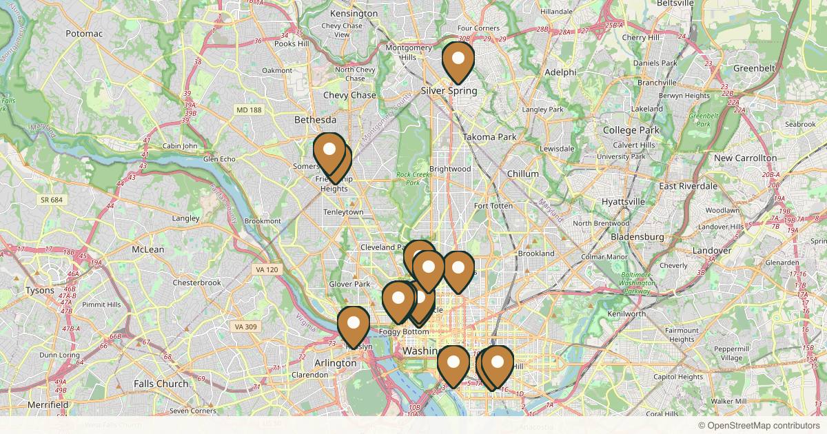 Map of 42 med spas and aesthetic clinics in Washington, District of Columbia