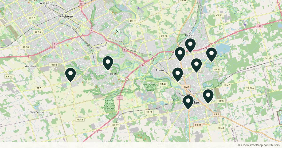 Map of 11 med spas and aesthetic clinics in Cambridge, Ontario