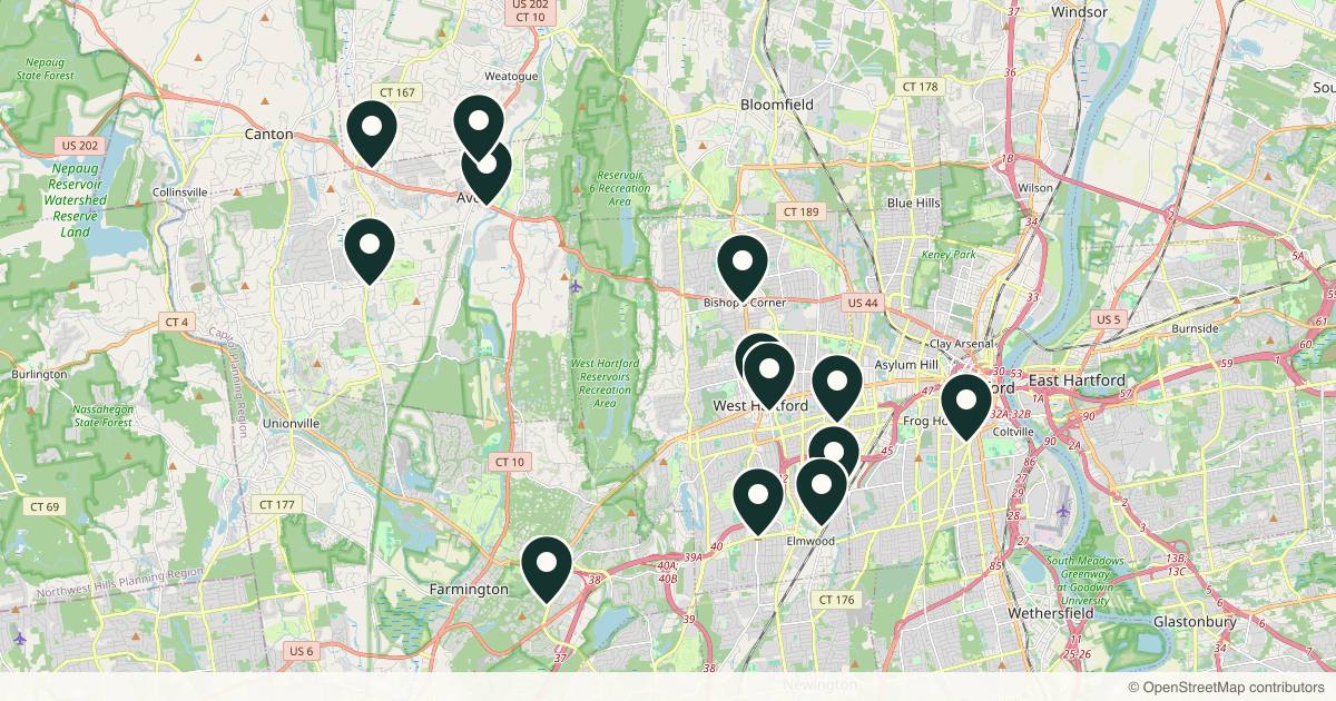 Map of 14 med spas and aesthetic clinics in West Hartford, Connecticut