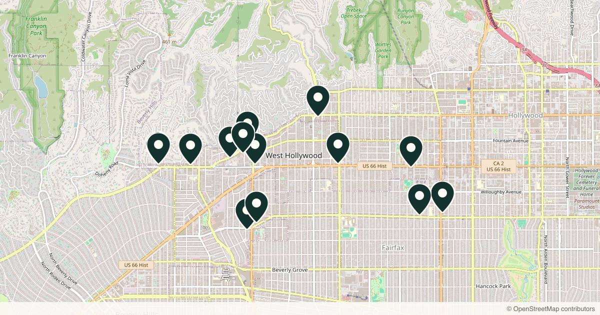 Map of 14 med spas and aesthetic clinics in West Hollywood, California