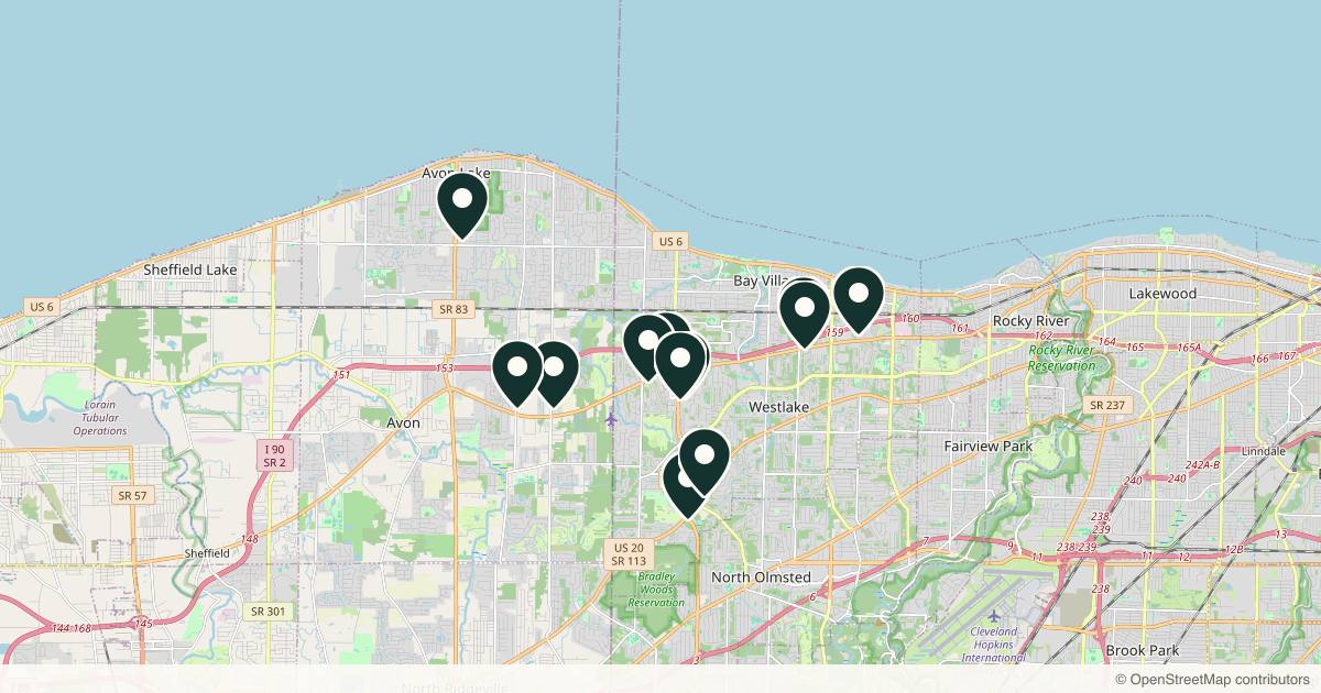 Map of 12 med spas and aesthetic clinics in Westlake, Ohio