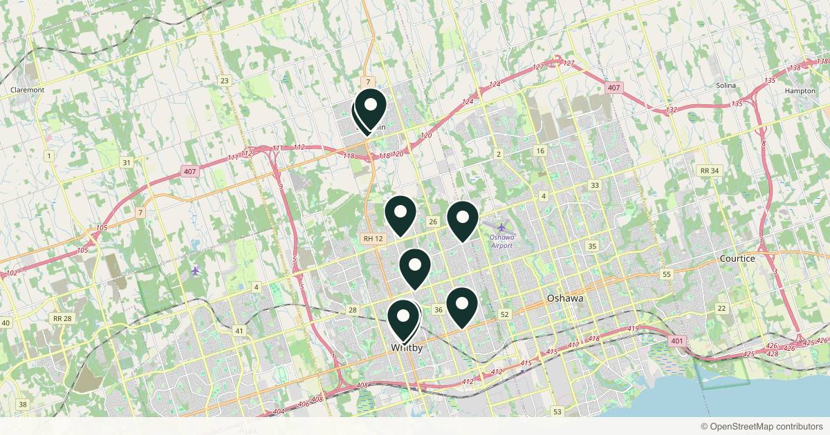 Map of 9 med spas and aesthetic clinics in Whitby, Ontario