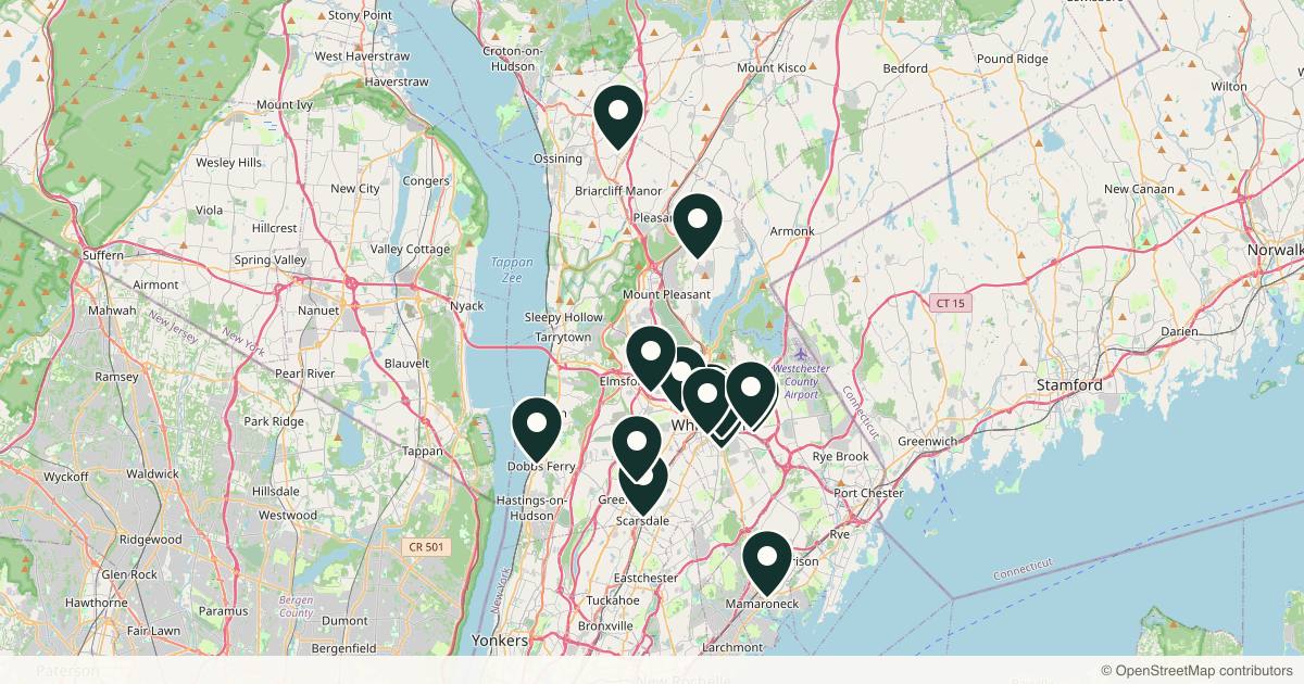 Map of 14 med spas and aesthetic clinics in White Plains, New York