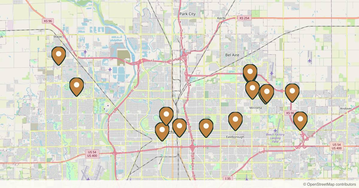 Map of 14 med spas and aesthetic clinics in Wichita, Kansas