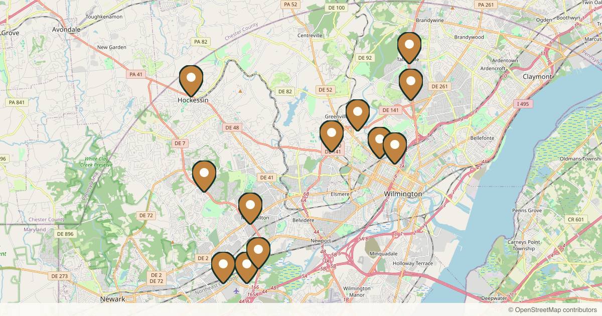 Map of 14 med spas and aesthetic clinics in Wilmington, Delaware