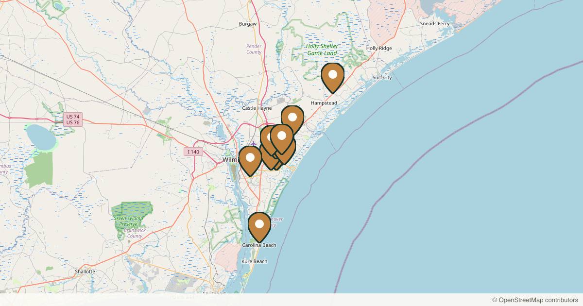 Map of 14 med spas and aesthetic clinics in Wilmington, North Carolina